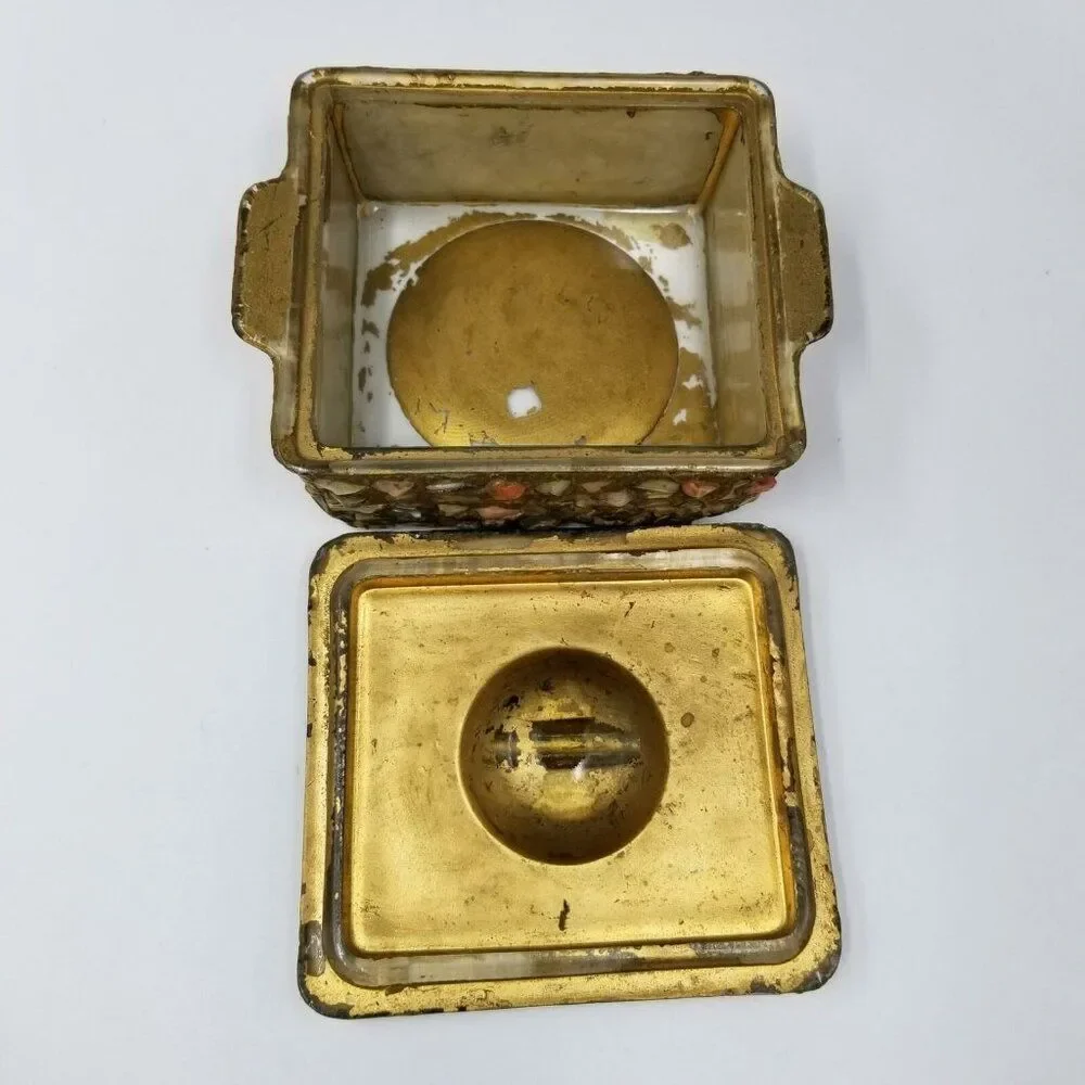 Moroccan Wedding Jewelry Box Inlaid Semi-Precious Stones Gems Gold 2.5